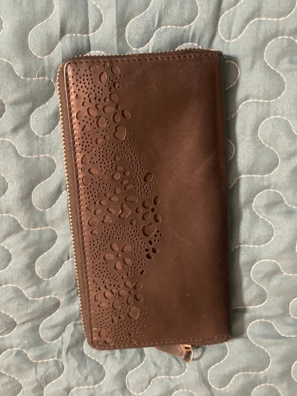 Womens Brown Leather Wallet with Perforated Floral Detailing
